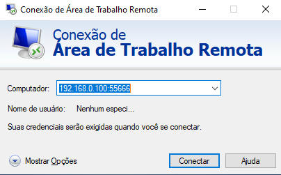 Conexão de Área de Trabalho Remota com o campo Computador preenchido no formato IP:Porta