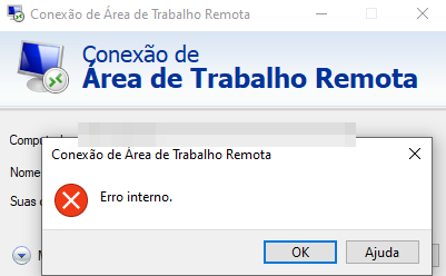 Janela da Conexão de Área de Trabalho Remota com a mensagem Erro interno